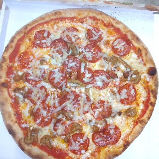 Pizza con salamino, funghi e grana